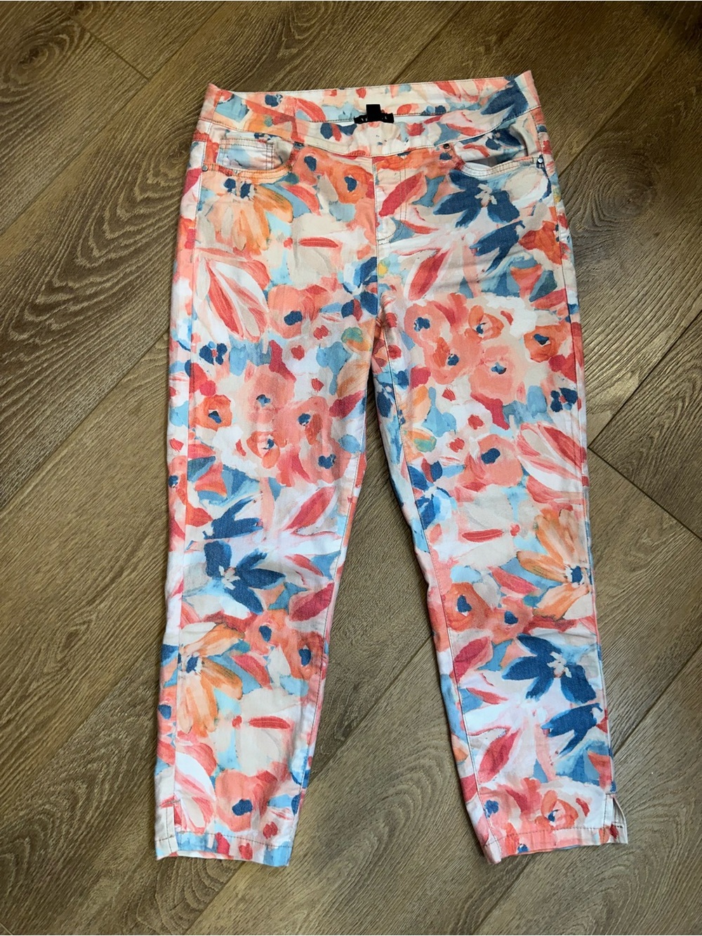 Floral Watercolor Crop Pants - Coral, Blue & White